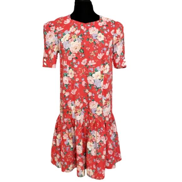 Y2K Vintage 80s Macro Red Floral Short Sleeve Ruffled Lower Midi Dress Size 8 - Picture 1 of 10